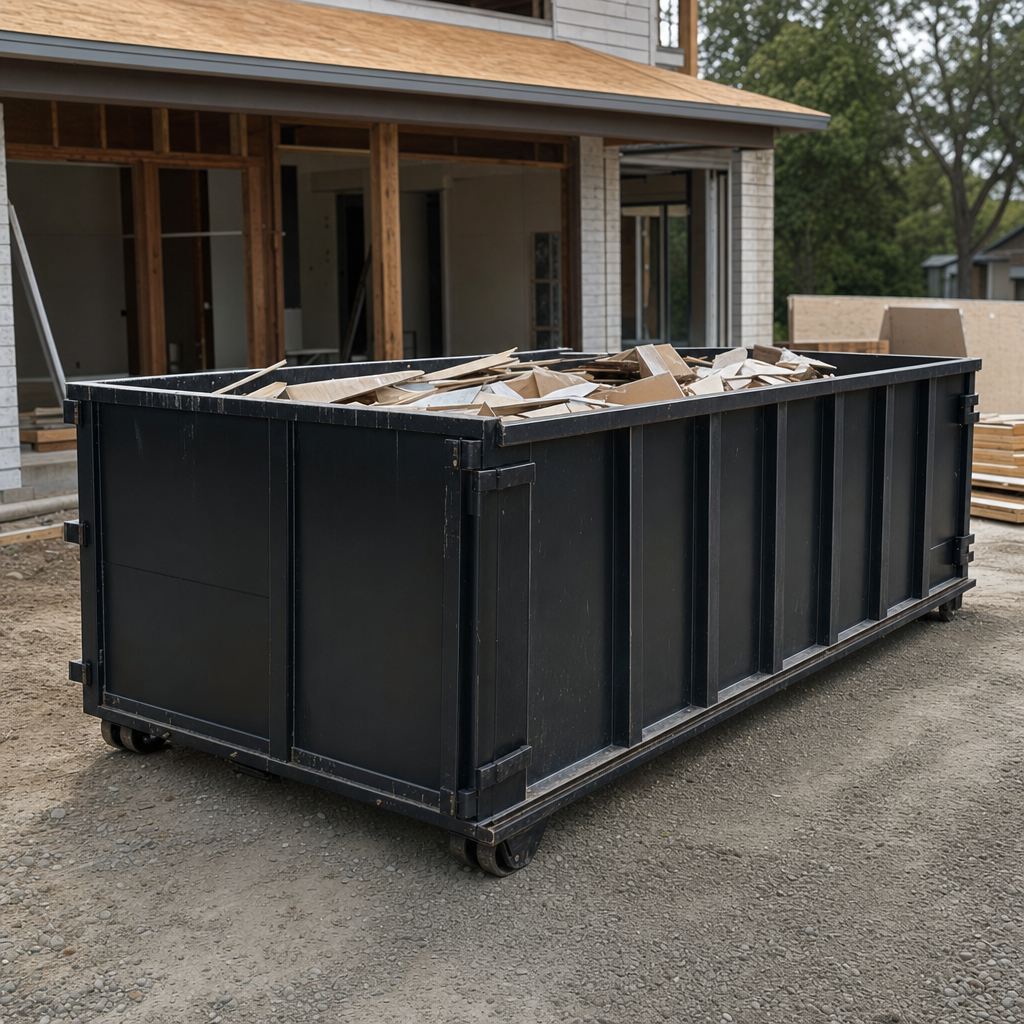 Large matte-black 30-yard construction roll-off dumpster at an active Grand Prairie jobsite, steel-gray top rails and bottom rollers visible, loaded with construction debris.