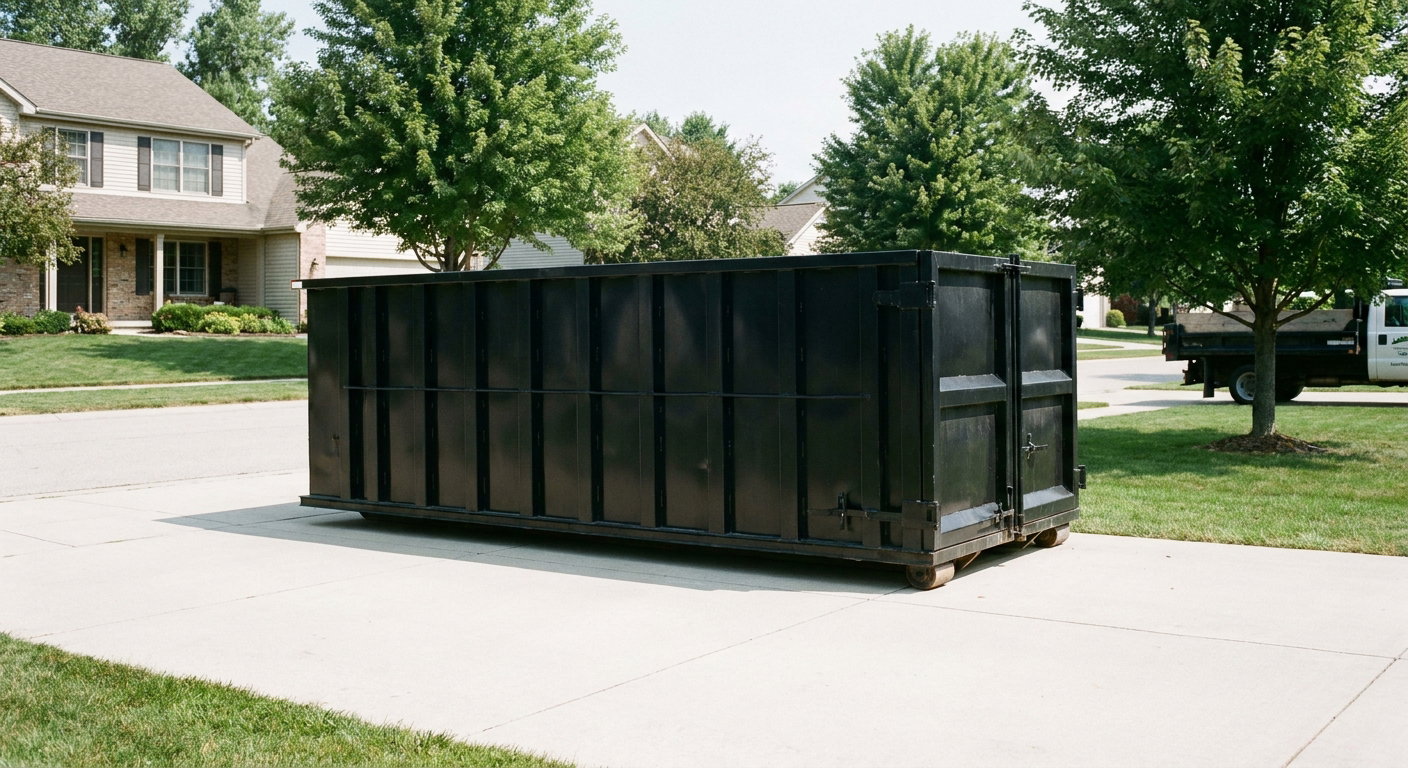 Matte-black 20-yard roll-off dumpster sitting level on a clean Grand Prairie residential concrete driveway under bright daylight, demonstrating clean placement directly on the concrete.
