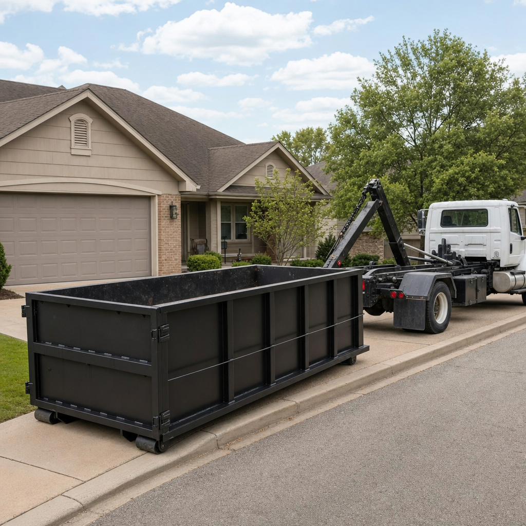 Wide documentary shot of a matte-black roll-off dumpster on a Grand Prairie residential driveway in the foreground and a contractor jobsite container in the soft-focus background, bright daylight, calm and orderly composition.