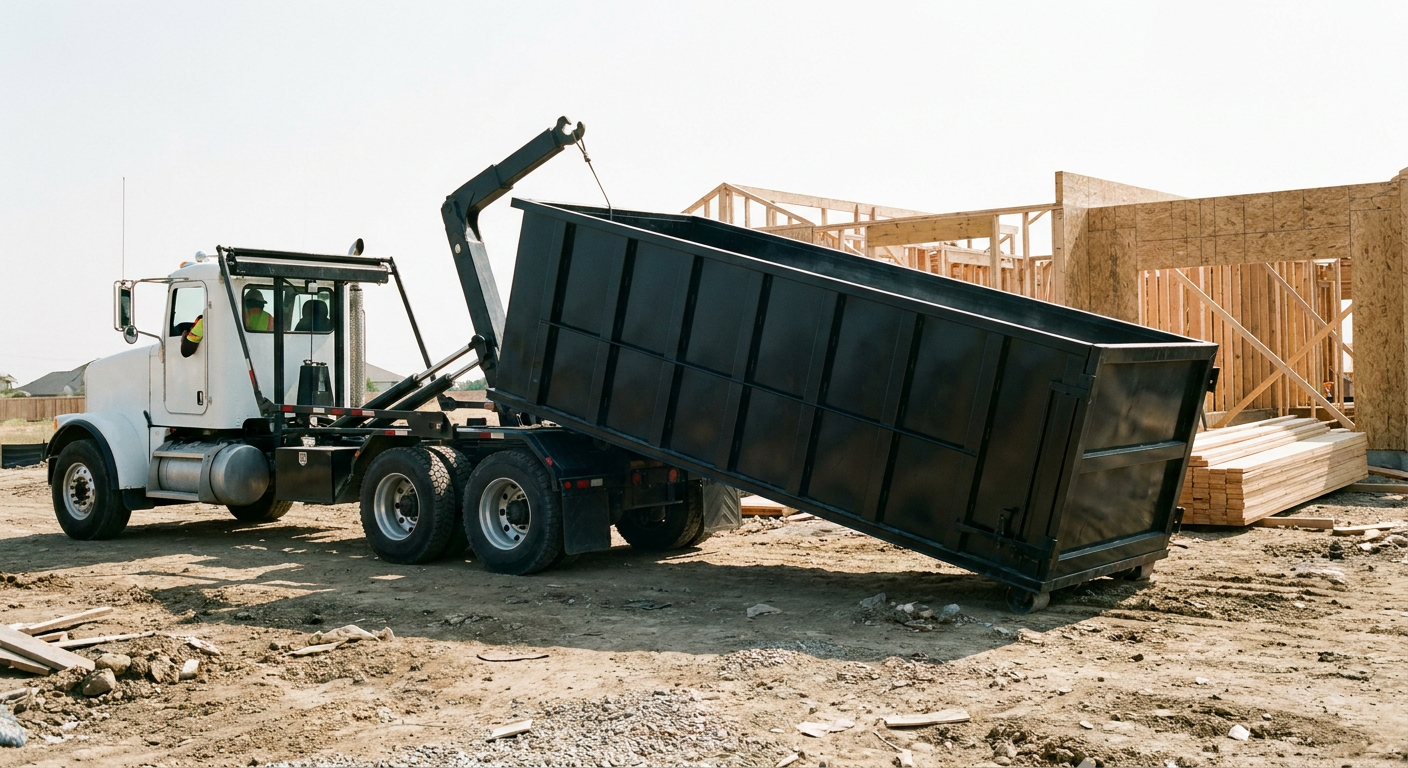 Matte-black roll-off dumpster being delivered onto a clean residential concrete driveway in Grand Prairie by an unmarked white hooklift hauler truck, bright morning daylight, documentary 35mm perspective.